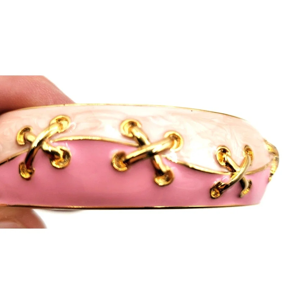 Vintage Pink Enamel Clamper Bracelet Laced Crisscross Gold Tone